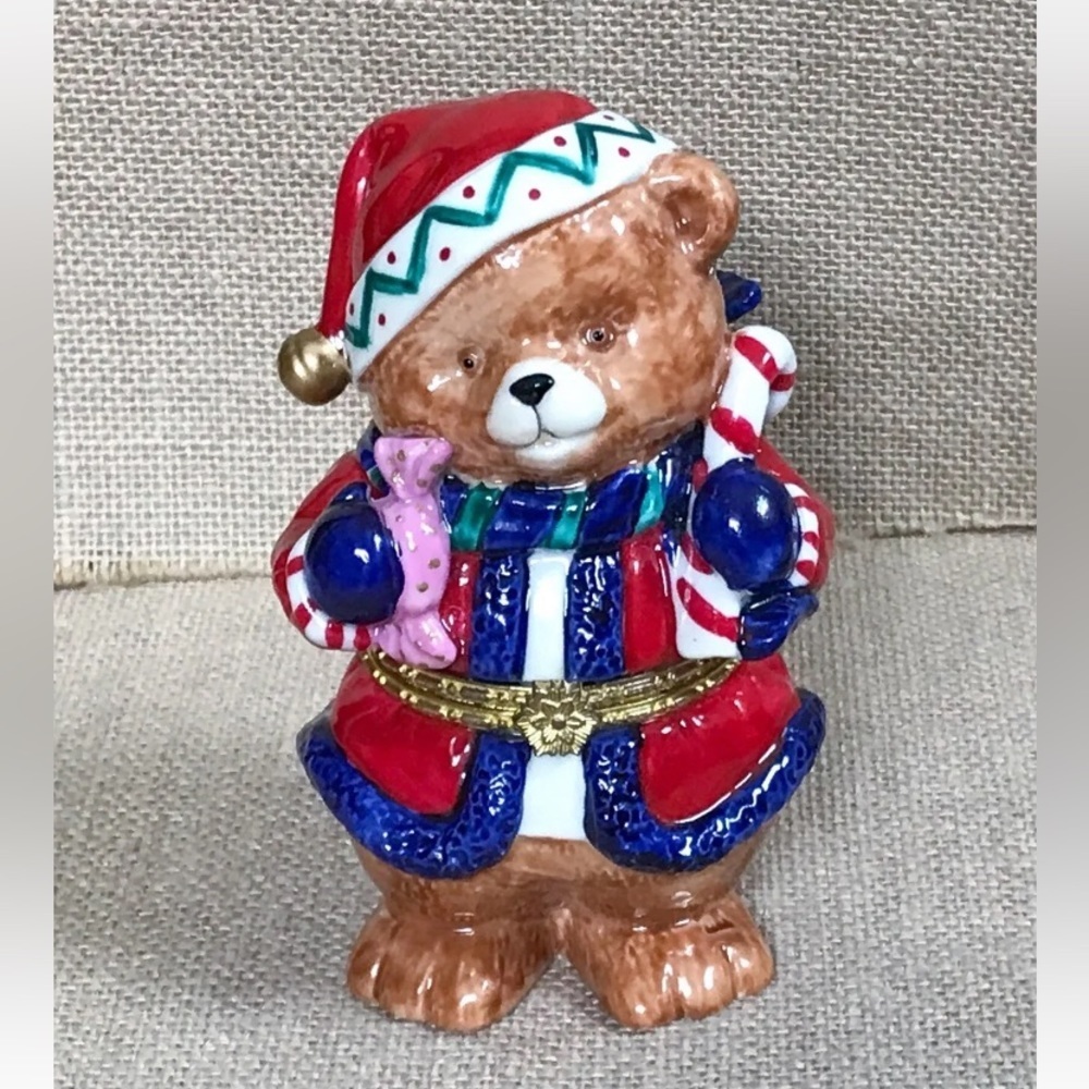 Vintage Santa Claus Teddy Bear Hinged Trinket Box Christmas Kitsch Whimsical